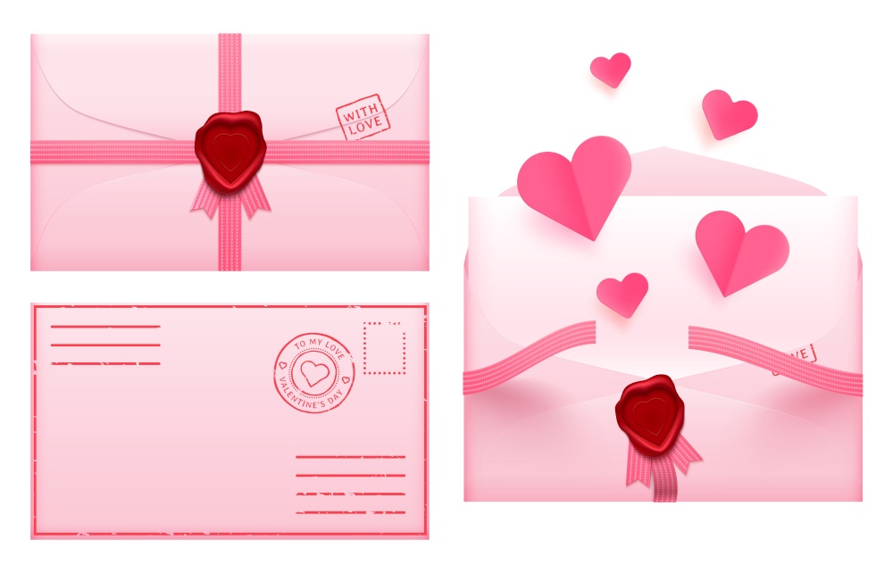 Valentine day envelope. Love romantic paper mail, message envelope invitation, holiday celebration, vector illustration. Valentine day envelope. Love romantic paper mail