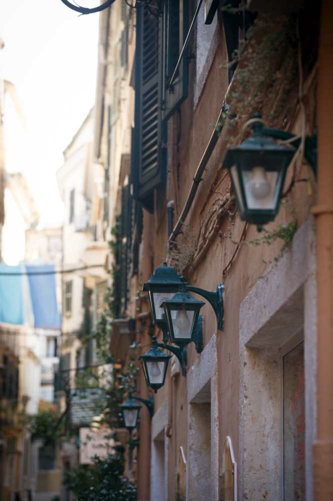 street lights on streets of the old  town on the island of Corfu. kerkyra, Greece