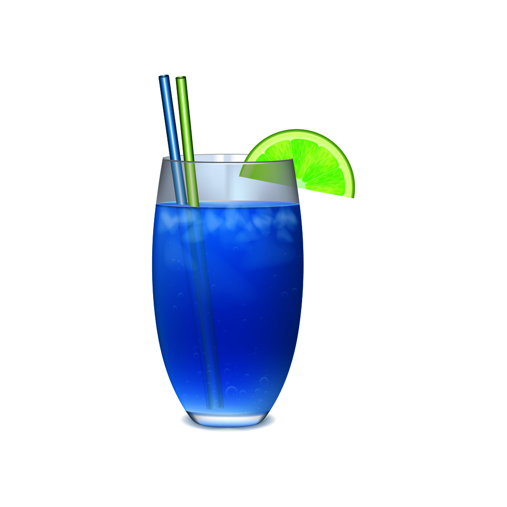 Blue cocktail with slice of lime on a white background. Blue cocktail with with slice of lime
