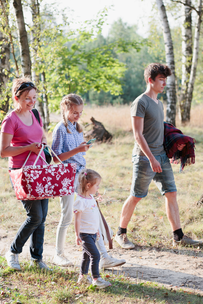 Happy family going on picnic  to forest on sunny day in the summertime