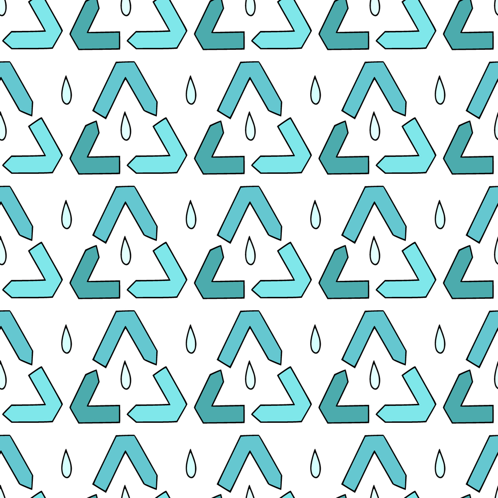 Recyclable triangles seamless pattern. Recycled background with water drops. Zero waste conceptual pattern. Recyclable triangles seamless pattern. Recycled background with water drops. Zero waste conceptual pattern.