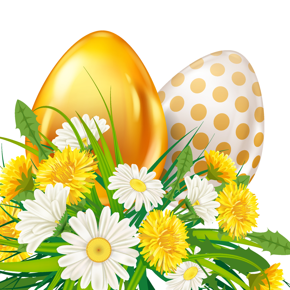 Easter Gold Egg banner template. Golden shine decorated, painted eggs, colorful spring flowers chamomile, dandelions. Spring holiday poster, greeeting card, flyer vector, illustration. Easter Gold Egg banner template. Golden shine decorated, painted eggs, colorful spring flowers chamomile, dandelions. Spring holiday poster