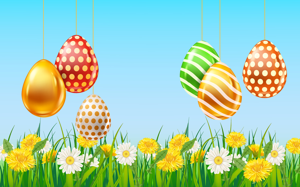 Easter Colored Eggs banner template. Realistic shine decorated, painted eggs, colorful spring flowers chamomile, dandelions, blue sky. Spring holiday poster, greeeting card, flyer vector, illustration. Easter Colored Eggs banner template. Realistic shine decorated, painted eggs, colorful spring flowers chamomile, dandelions, blue sky. Spring holiday poster