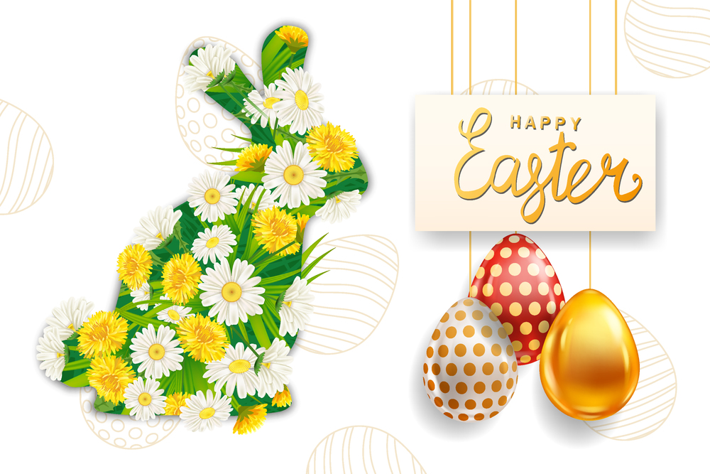 Happy Easter Rabbit from colorful spring flowers chamomile, dandelions, Colored Eggs banner template, lettering. Spring holiday poster, greeeting card, flyer vector, illustration. Happy Easter Rabbit from colorful spring flowers chamomile, dandelions, Colored Eggs banner template, lettering. Realistic shine decorated, painted eggs. Spring holiday poster