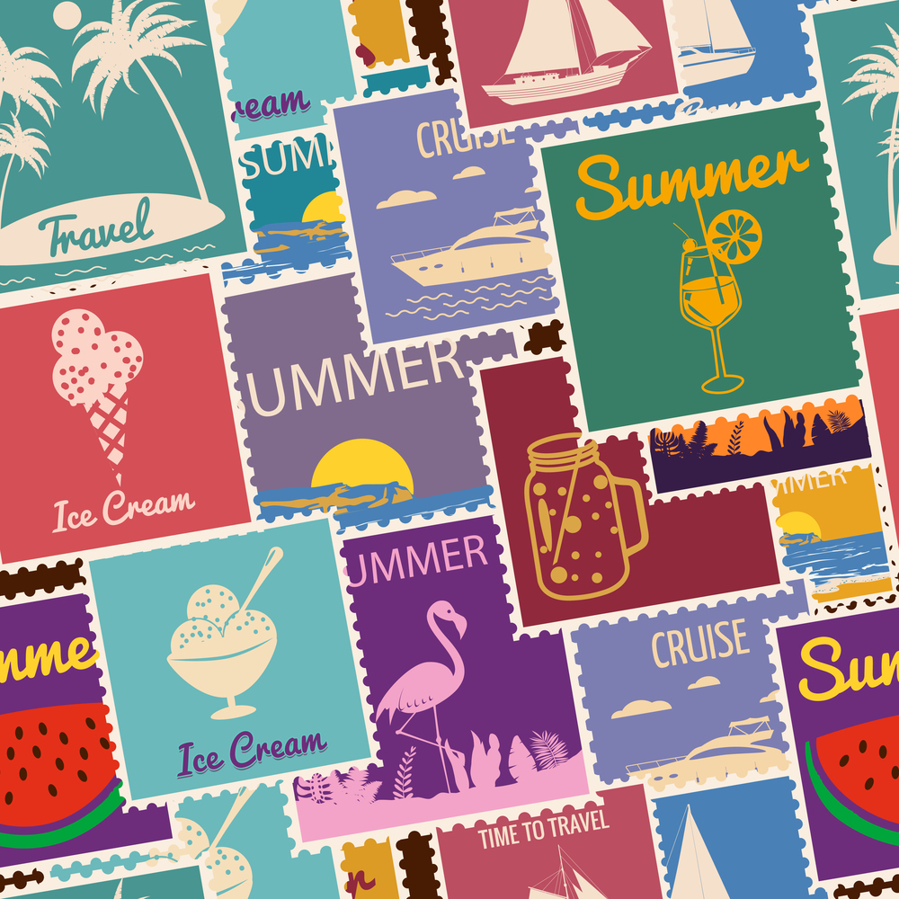 Postage stamps seamless pattern Summer vacation. Retro background signs travel exotic tour. Vector illustration background vintage style for wallpaper, wrapping paper, scrapbook. Postage stamps seamless pattern Summer vacation. Retro background signs travel exotic tour. Vector illustration background vintage style