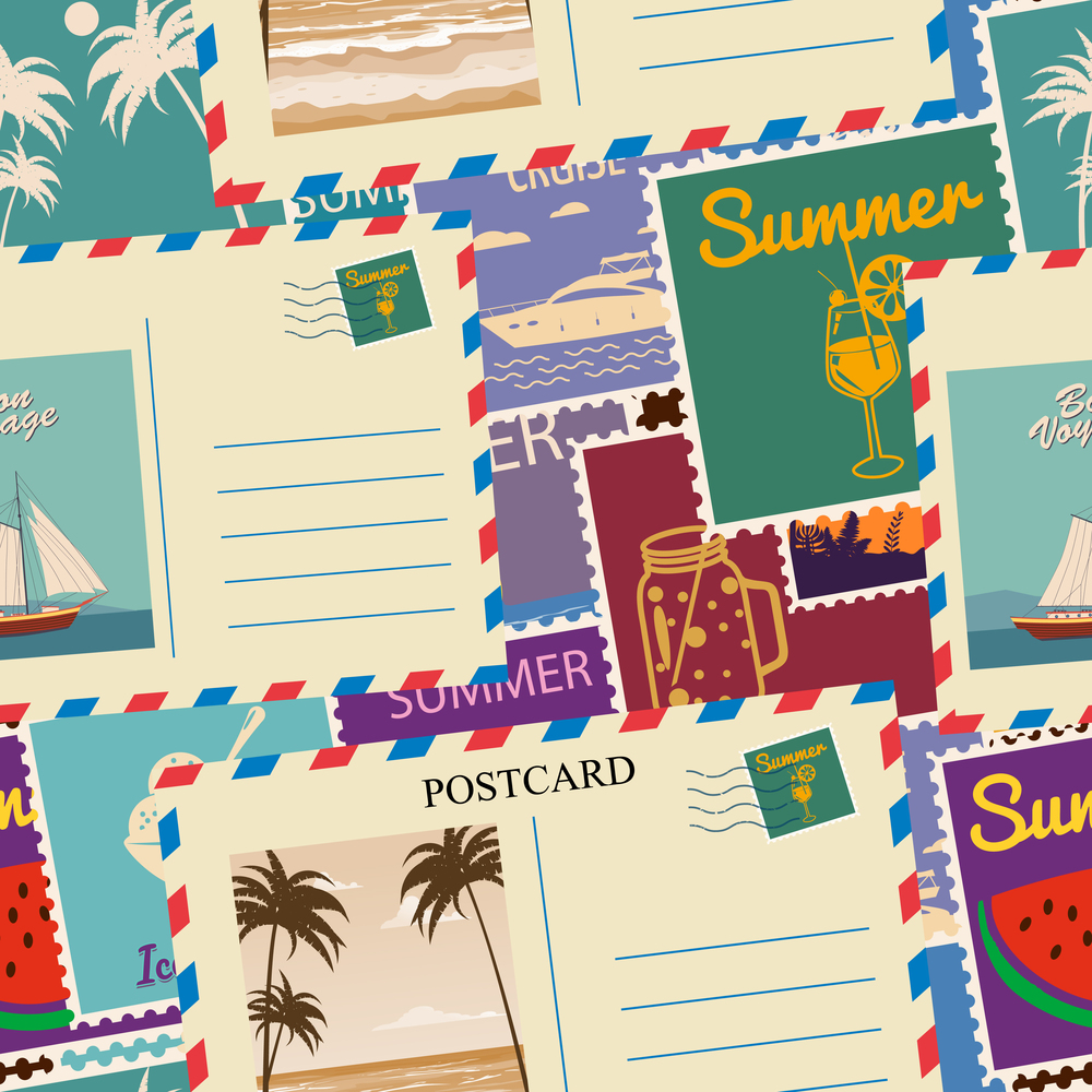 Postage stamps seamless pattern Summer vacation. Retro background signs travel exotic tour. Vector illustration background vintage style for wallpaper, wrapping paper, scrapbook. Postage stamps seamless pattern Summer vacation. Retro background signs travel exotic tour. Vector illustration background vintage style