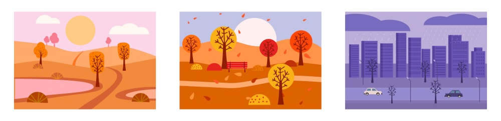 Set of landscapes autumn. Vector minimalistic flat illustration isolated. Set of landscapes autumn. Vector minimalistic flat illustration