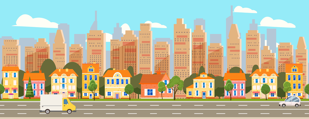 City landscape seamless horizontal illustration. Cityscape skyscrappers, suburban houses, downtown. Vector cartoon style isolated. City landscape seamless horizontal illustration. Cityscape skyscrappers, suburban houses, downtown. Vector cartoon style