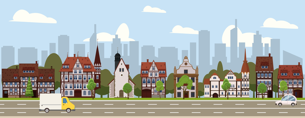 City landscape seamless horizontal illustration. Cityscape skyscrappers, suburban houses, downtown. Vector cartoon style isolated. City landscape seamless horizontal illustration. Cityscape skyscrappers, suburban houses, downtown. Vector cartoon style