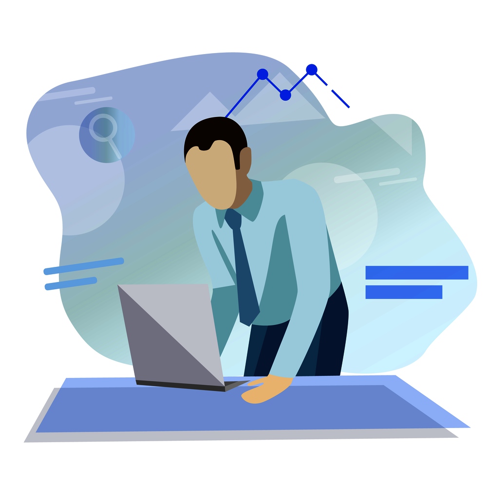 Businessman. Office worker. Flat simple design. Vector. Office workplace with table