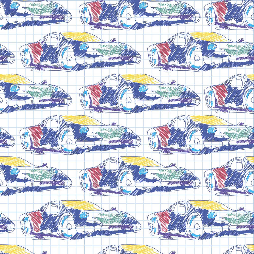 Seamless pattern with sport car. School pattern drawing in the notebook