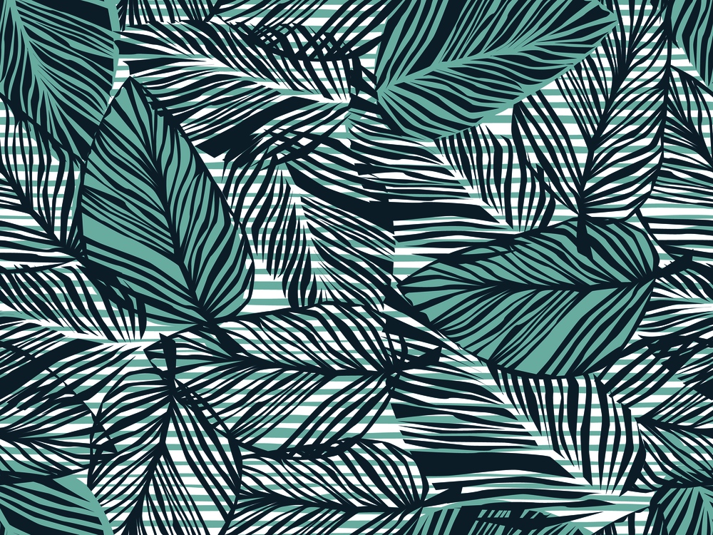 Tropical pattern, palm leaves seamless vector floral background. Exotic plant on stripes print illustration. Summer nature jungle print. Leaves of palm tree on paint lines.