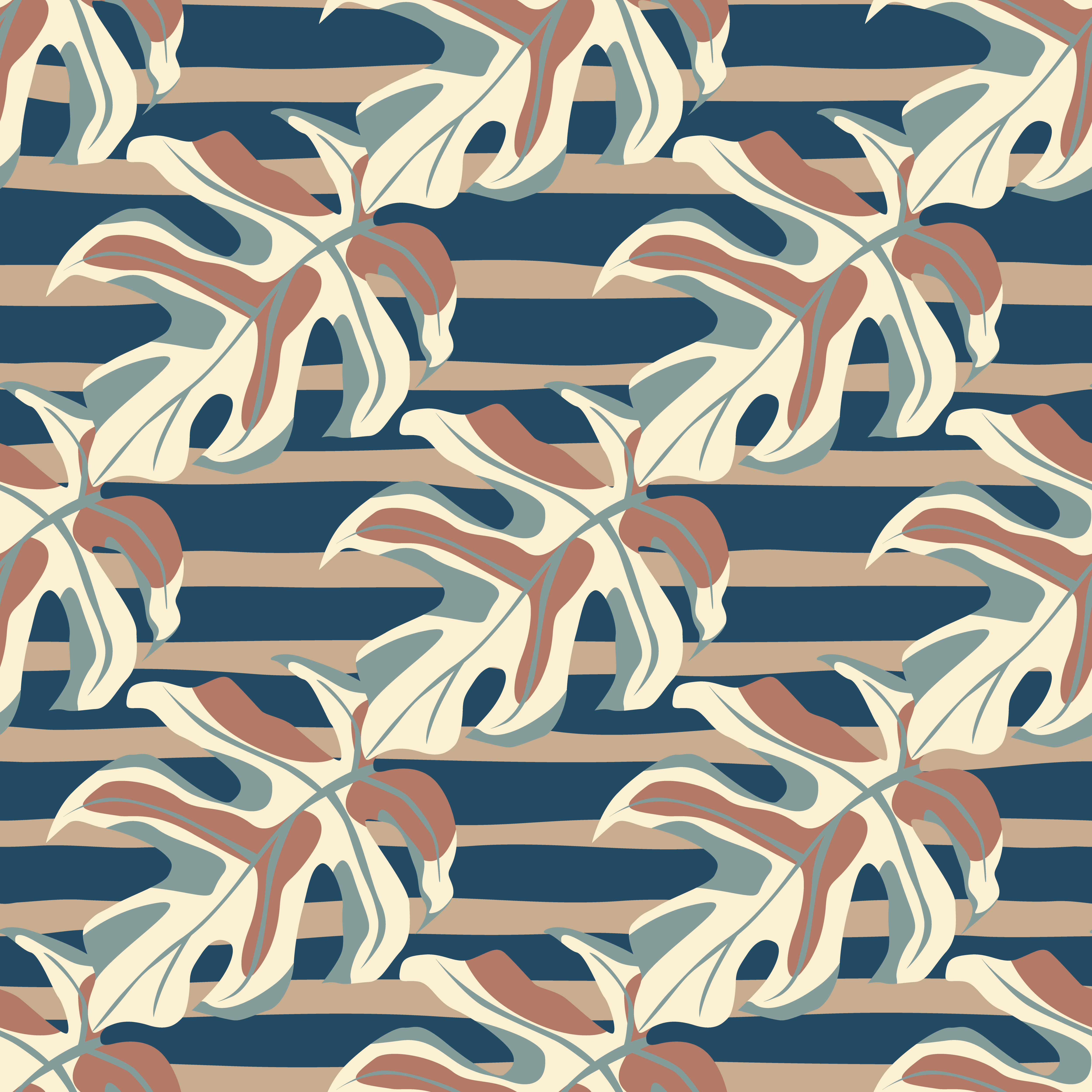 Seamless tropical pattern with light and beige monstera leafs. Beige and navy blue stripped background. Great for wallpaper, textile, wrapping paper, fabric print. Vector illustration.. Seamless tropical pattern with light and beige monstera leafs. Beige and navy blue stripped background.
