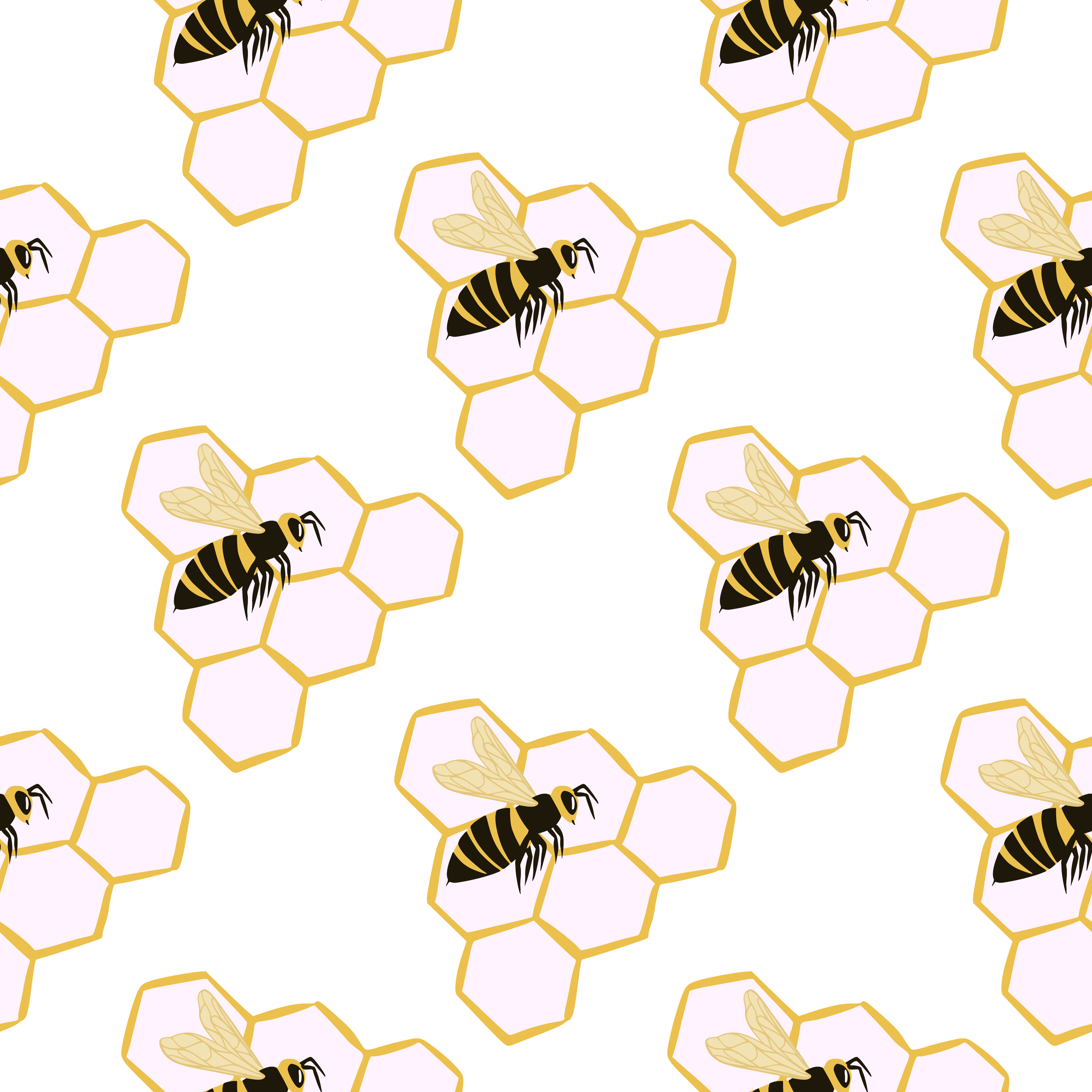 Minimalistic isolated seamless pattern with bees and honeycomb shapes. White background with yellow and black colores ornament. For wallpaper, textile, wrapping, fabric print. Vector illustration.. Minimalistic isolated seamless pattern with bees and honeycomb shapes. White background with yellow and black colores ornament.
