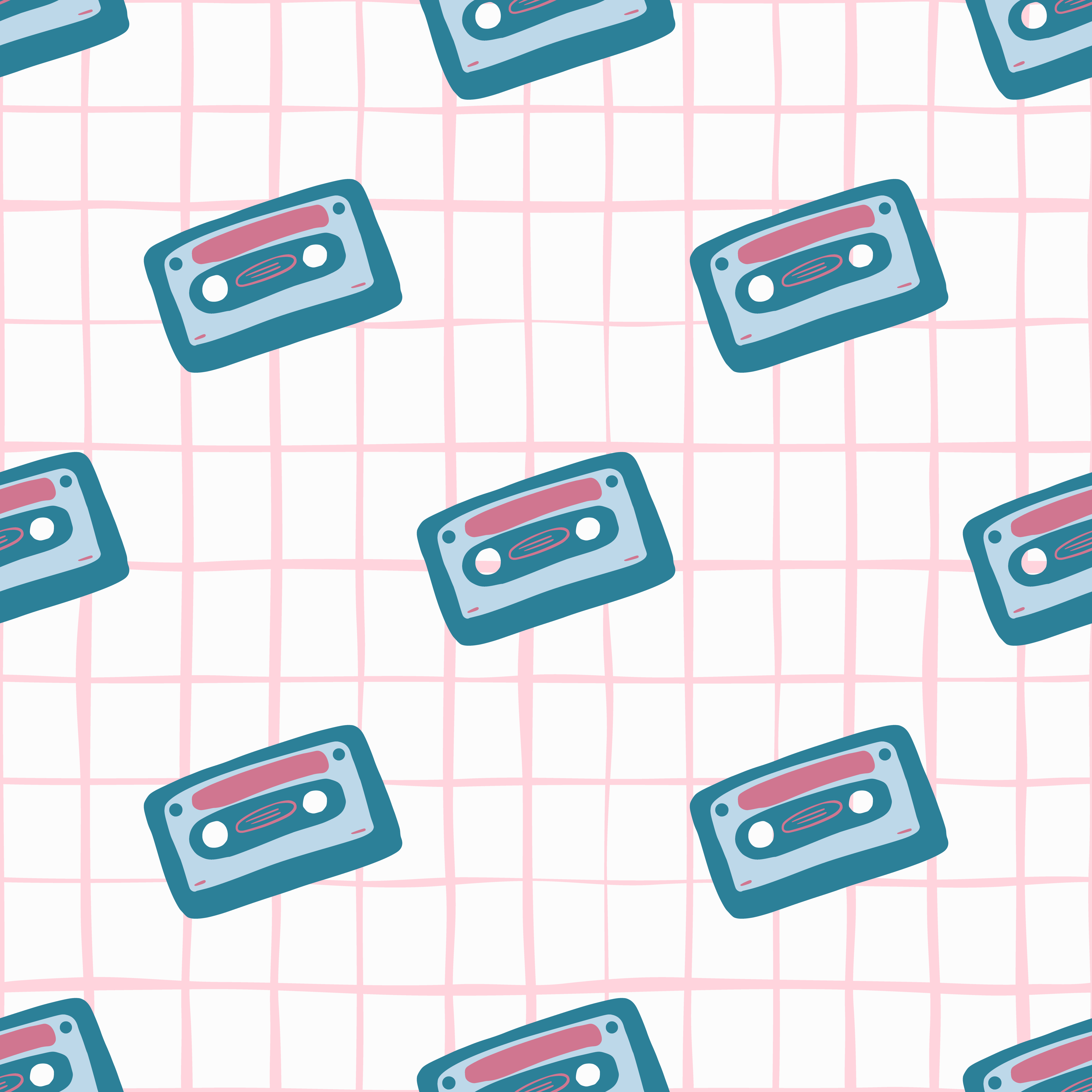 Bright disco seamless pattern with cassette ornament. White background with pink check. Decorative backdrop for wallpaper, textile, wrapping paper, fabric print. Vector illustration.. Bright disco seamless pattern with cassette ornament. White background with pink check.