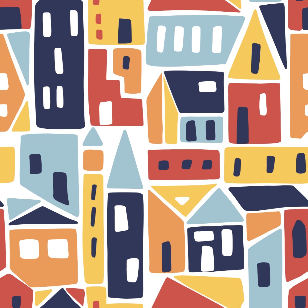 Modern seamless pattern with abstract houses. Childish vector background. Can be used for fabric, textile, wallpaper.
