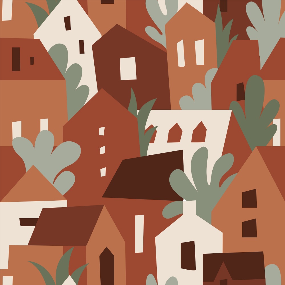 Modern seamless pattern with abstract houses and trees. Childish vector background. Can be used for fabric, textile, wallpaper.