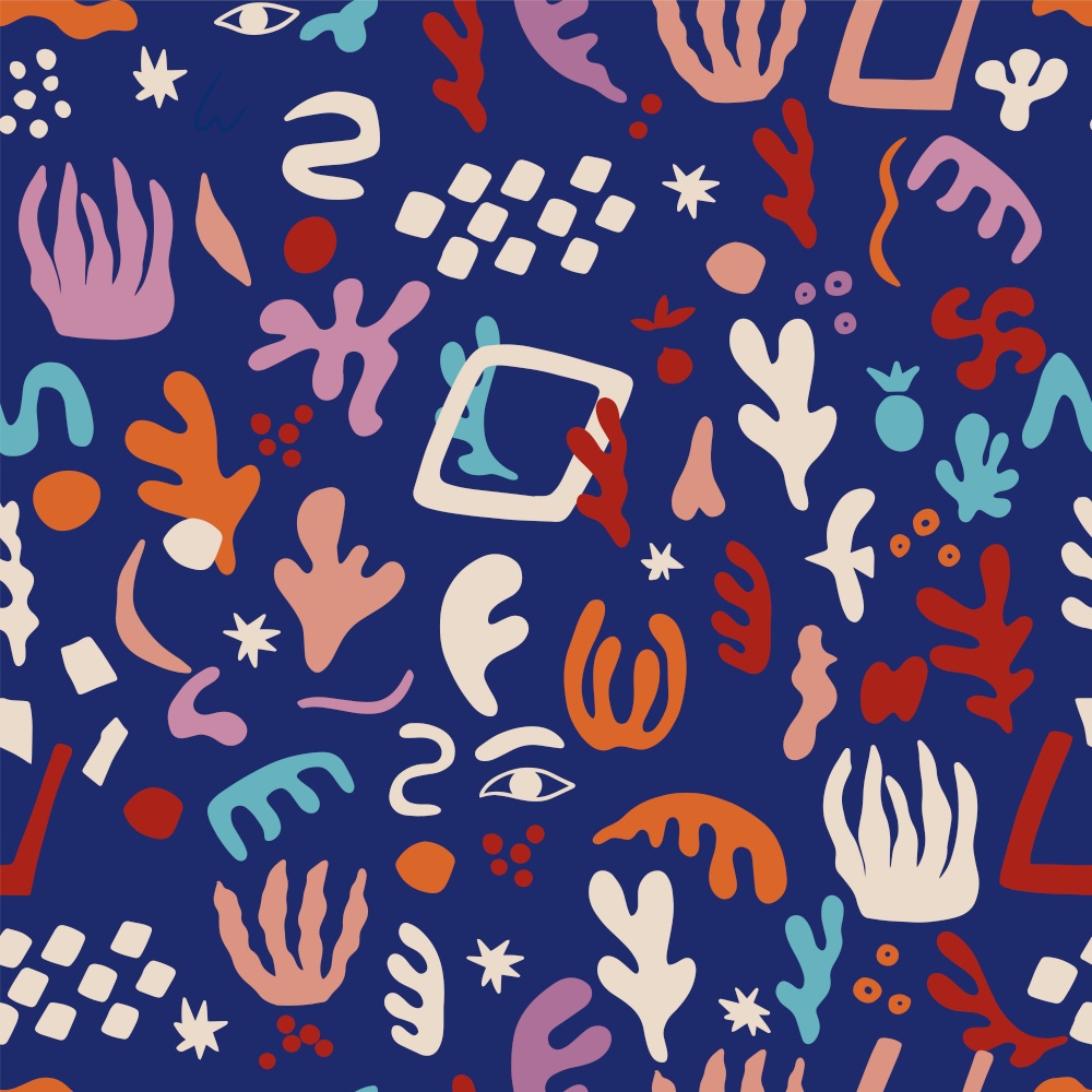 Modern seamless pattern with abstract shapes. Vector illustration with abstract cut-out shapes in Matisse style. can be used for home decoration, packaging, wallpaper.