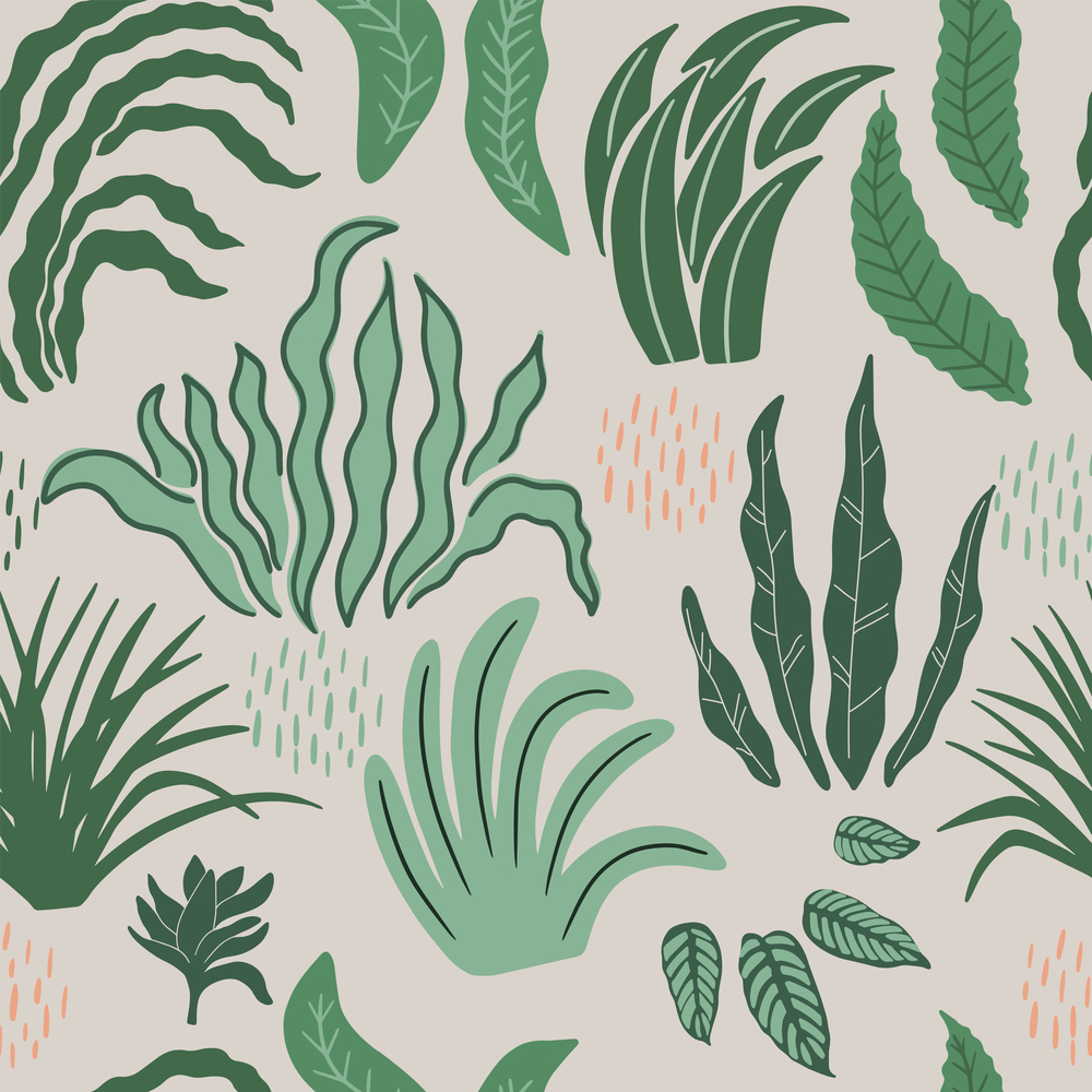 Modern abstract floral background. Vector flat illustration with green leaves. Can be used for textiles, wrapping papers, packaging.