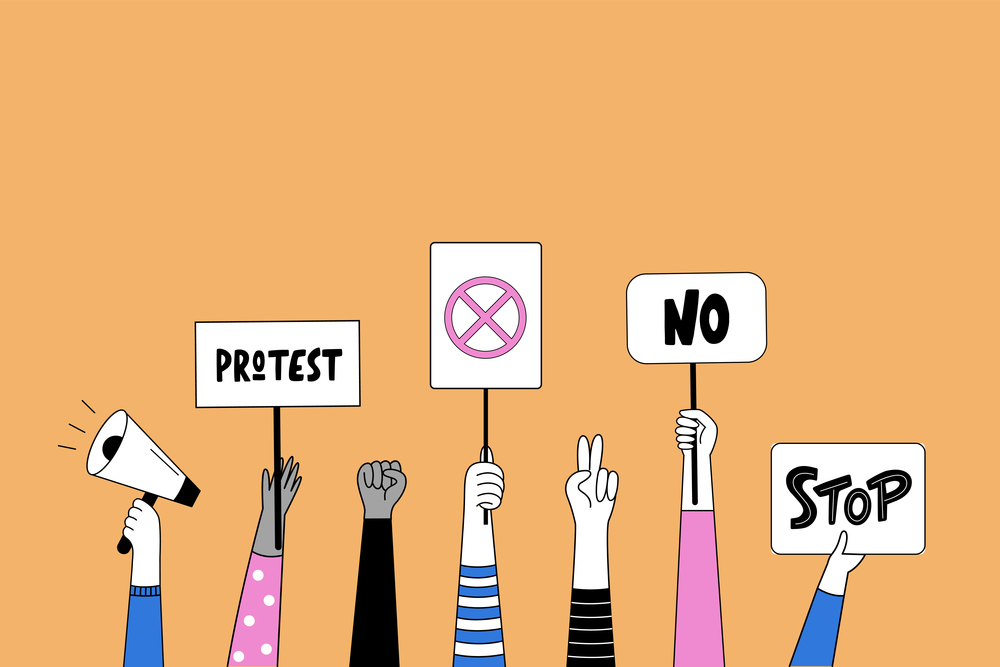 Concept of hands hold posters, megaphone, signs, banners and posters. Vector illustration in doodle style with protest phrases.