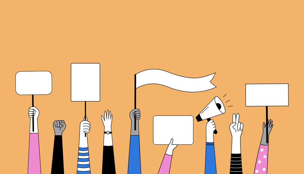 Set of hands with posters, megaphone, signs, banners and placards. Vector illustration in doodle style.