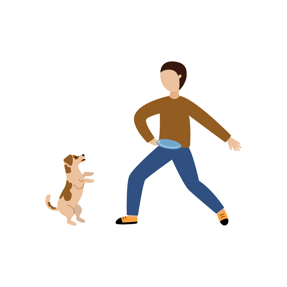 The boy throws the frisbee to the dog. Pet lover. Vector flat illustration with man and pet isolated on white background.