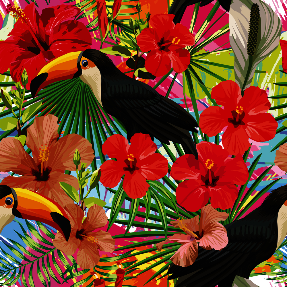 Exotic composition from tropical bird toucan leaves and hibiscus flowers seamless pattern colorful motley background