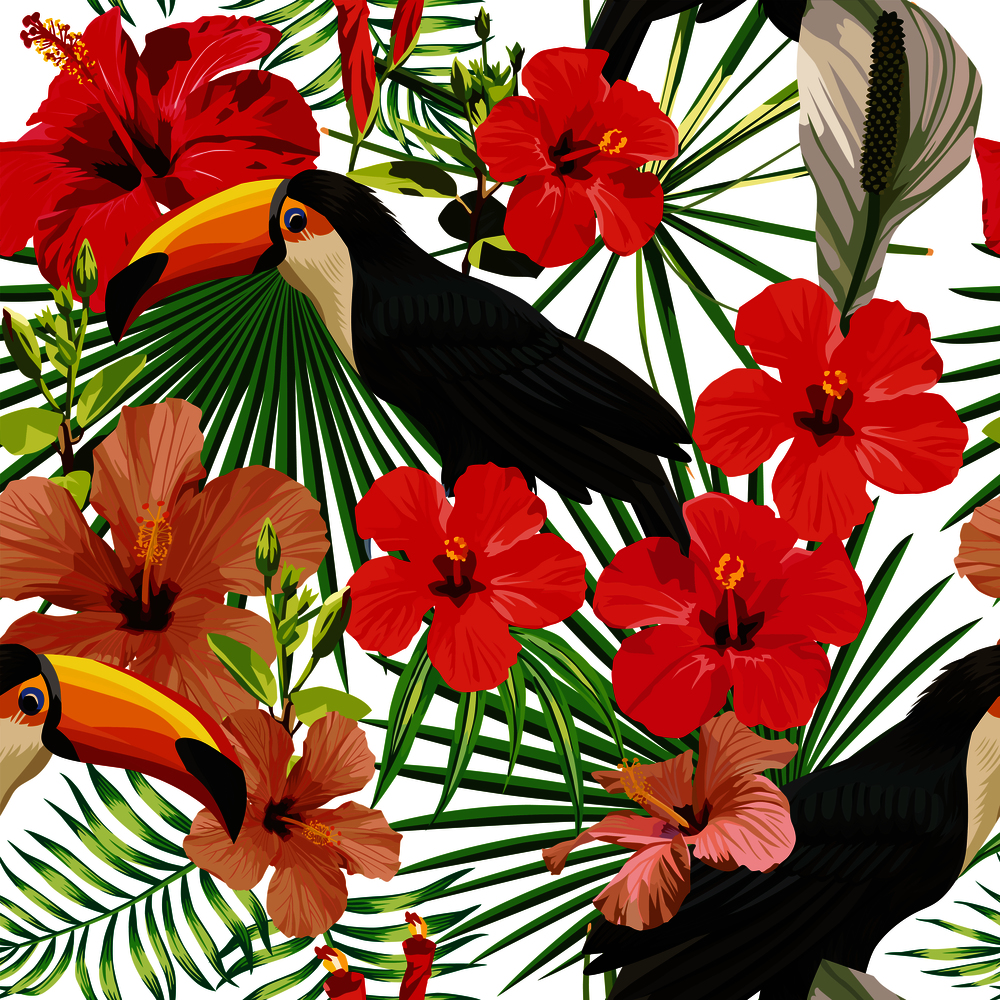 Exotic composition from tropical bird toucan leaves and hibiscus flowers seamless pattern Print jungle vector wallpaper white background