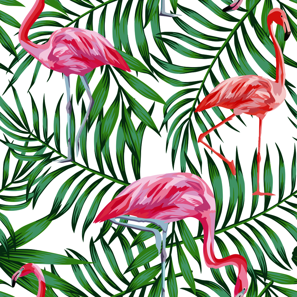 Seamless vector pattern of tropical birds pink flamingo on a background of green foliage