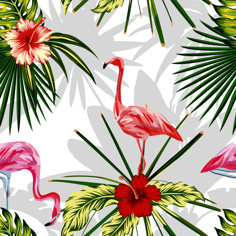Seamless vector pattern composition of tropical birds pink flamingo on a background of green foliage and a beautiful flower hibiscus