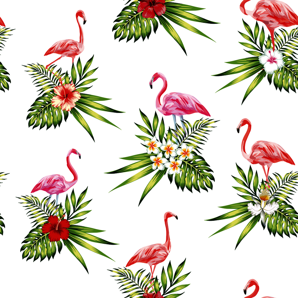 Seamless pattern tropical bird pink flamingo with flowers and plants white backgroundbeach wallpaper