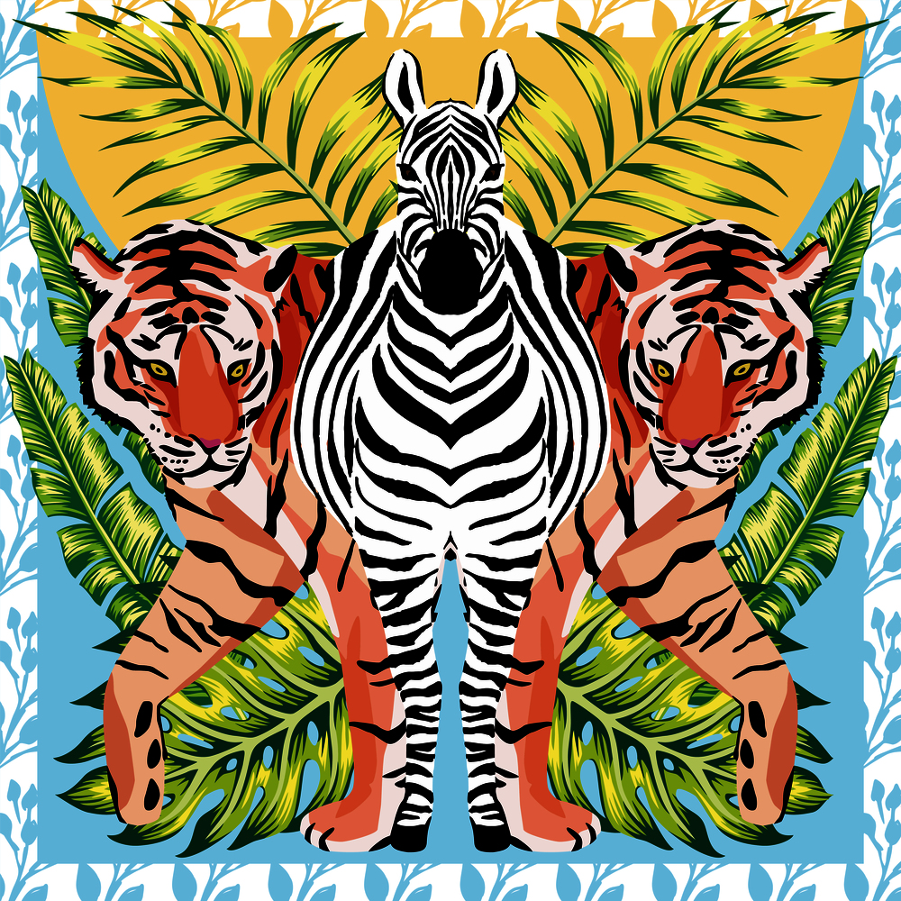 Fashion mirror style of tropical wild animals zebra and tiger. On a background of leaves and a sunny sky in a flower frame. Beach wallpaper