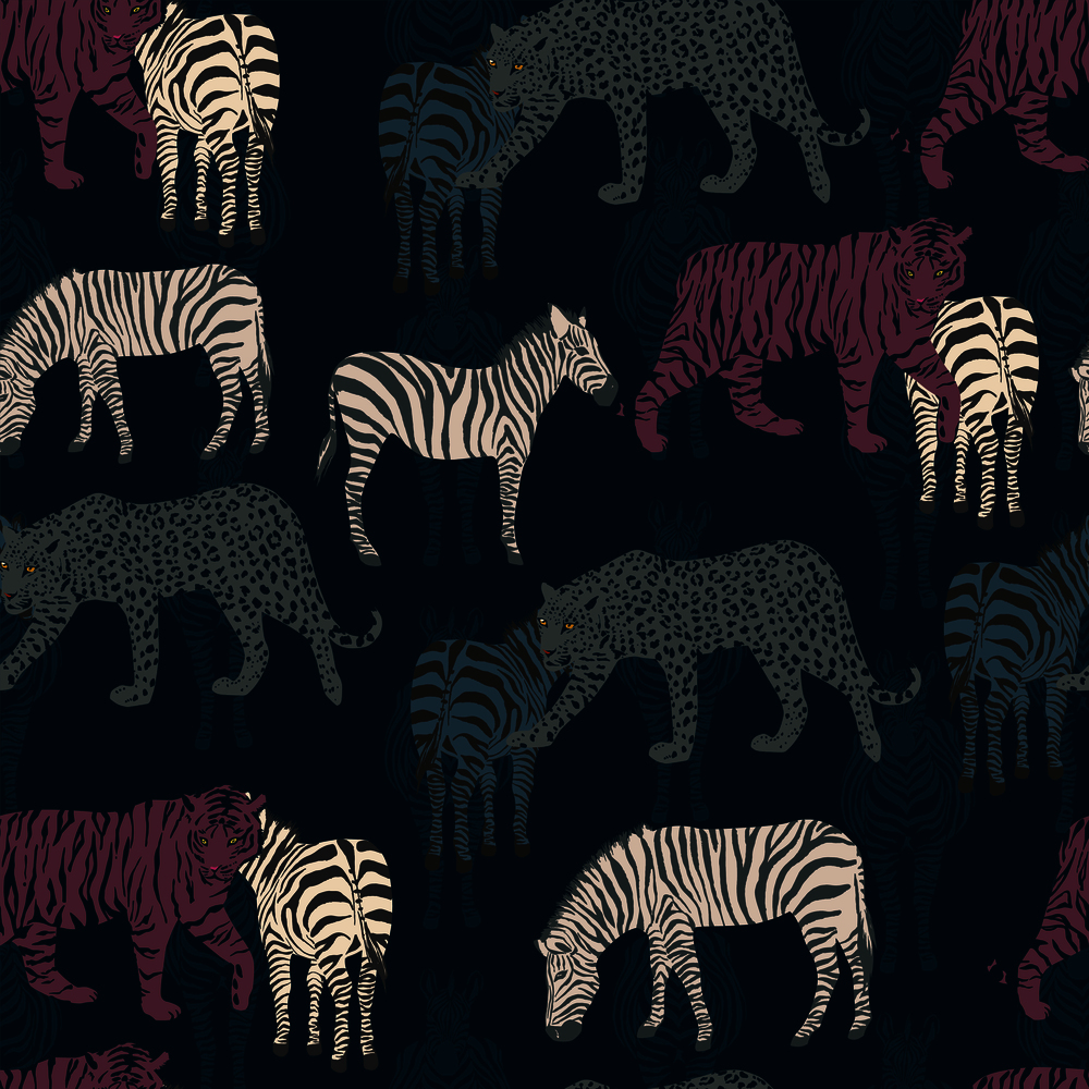 Excellent abstract composition from tropical animals. Wild night jungle leopard, tiger, zebra. Seamless Vector Pattern on a dark blue background