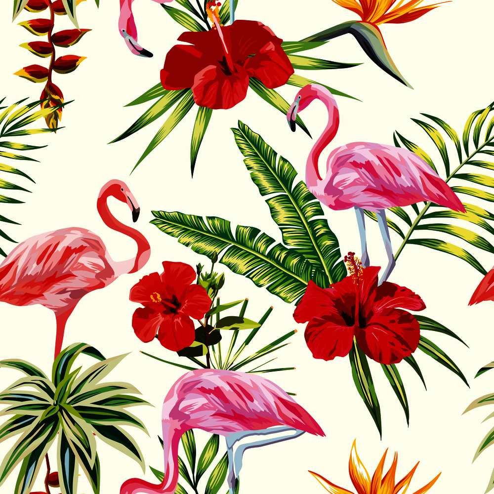 Beach cheerful seamless pattern of wallpaper from tropical green leaves of palm and flowers hibiscus cactus and birds pink flamingo on light yellow background
