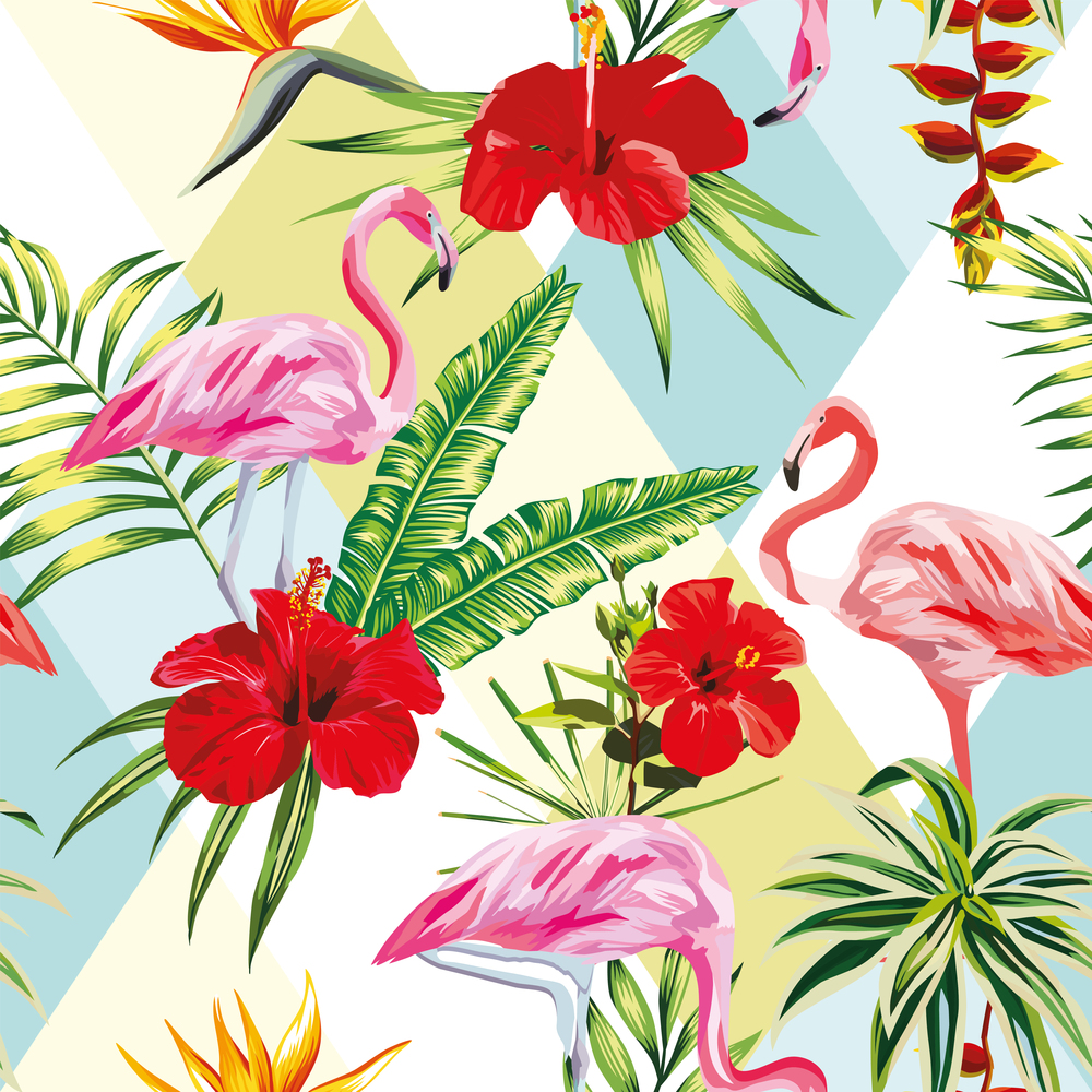 Beach cheerful seamless pattern of wallpaper from tropical green leaves of palm and flowers hibiscus cactus and birds pink flamingo on multicolor patchwork background