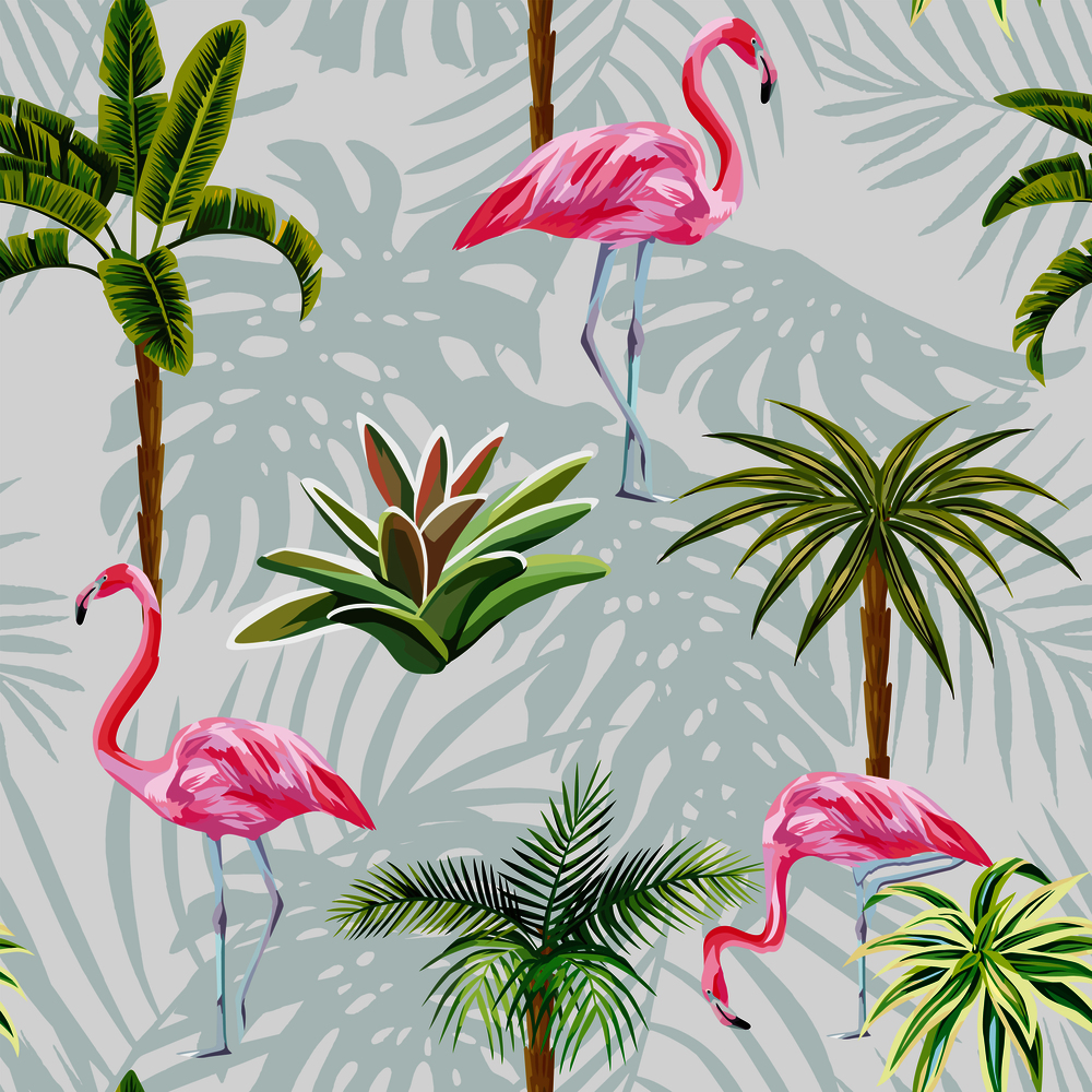 Beautiful tropic birds pink flamingos with palm trees and cactus. Seamless beach pattern wallpaper with leaves on a gray background