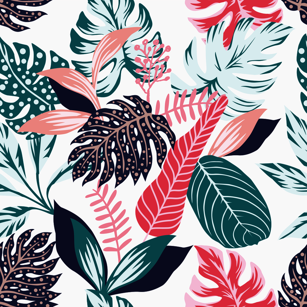 Painted tropical exotic leaves abstract colors in a cartoon style. Seamless vector wallpaper pattern on a white background