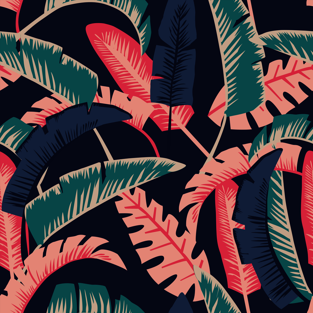 Painted in cartoon style banana leaves. Seamless vector wallpaper pattern on a dark blue background