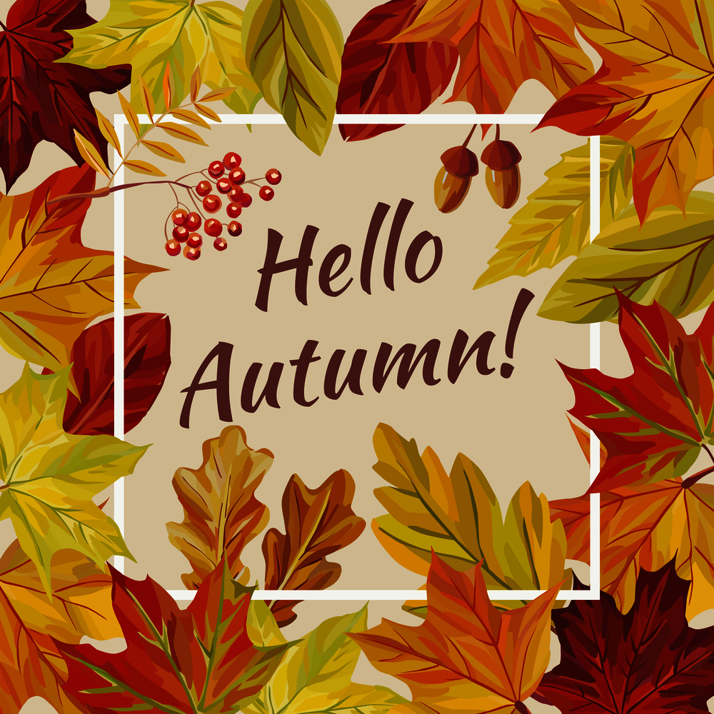 Vector slogan hello autumn of rowan acorn and red yellow leaves of oak, maple, birch. Seamless pattern nature background