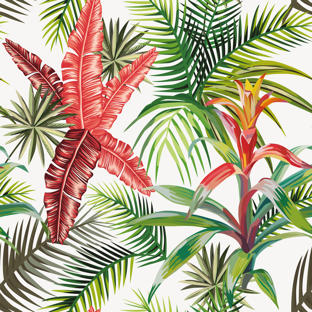 Beach composition of tropical leaves and plants. Seamless vector pattern on a light background