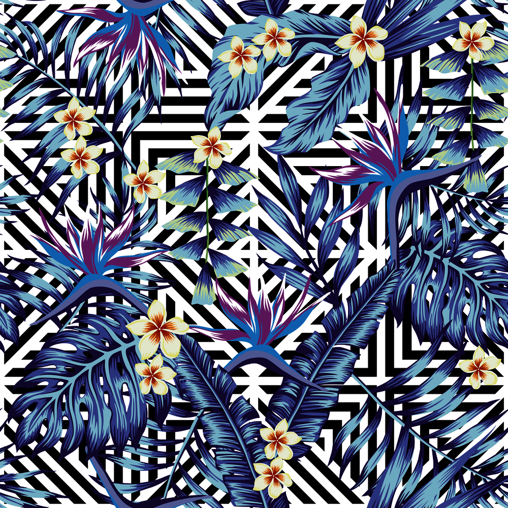 Abstract tropical plants and flowers seamless vector pattern blue style geometric black white background