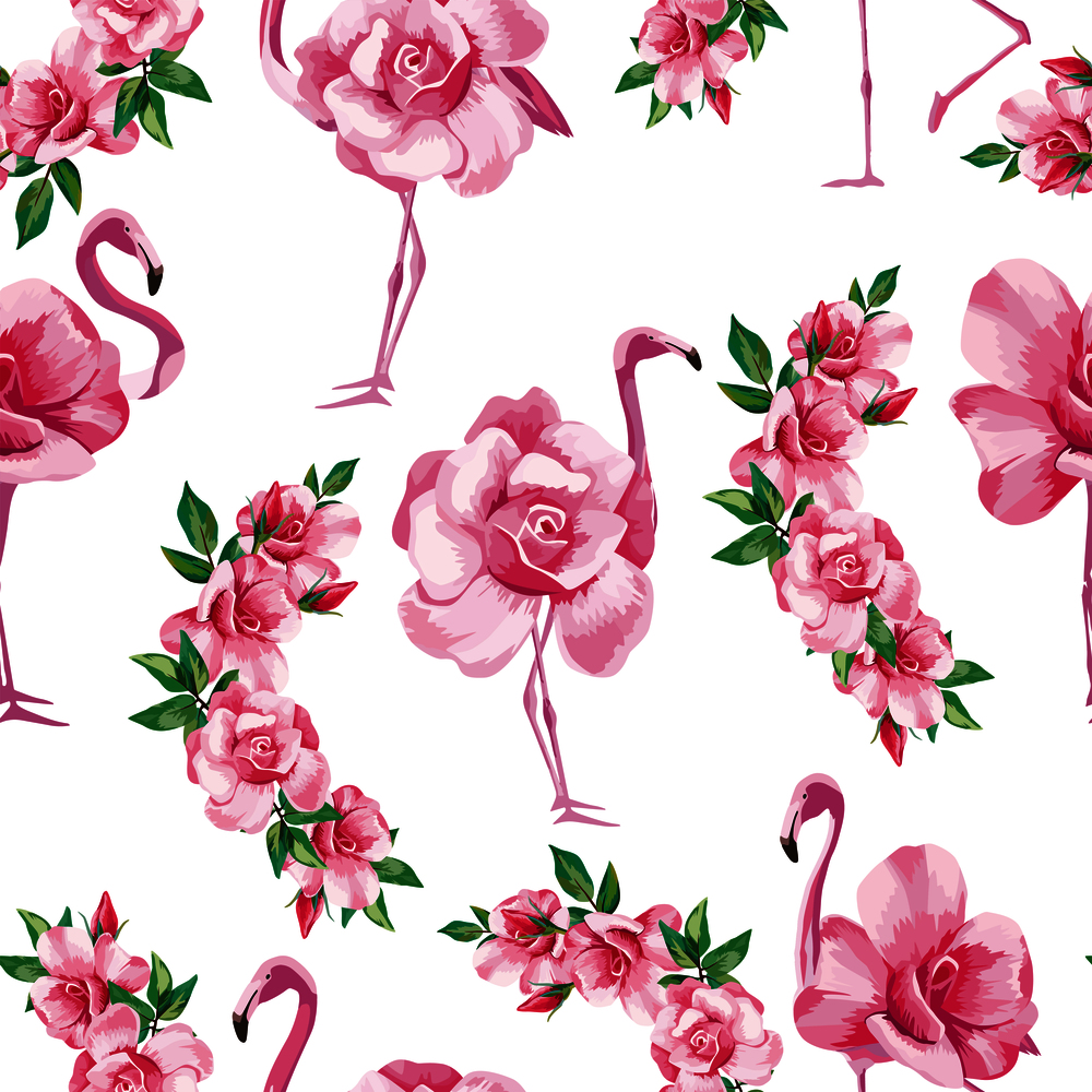 Beach image exotic wallpaper with a beautiful tropic pink flamingo and rose flowers. Seamless vector pattern composition on white background