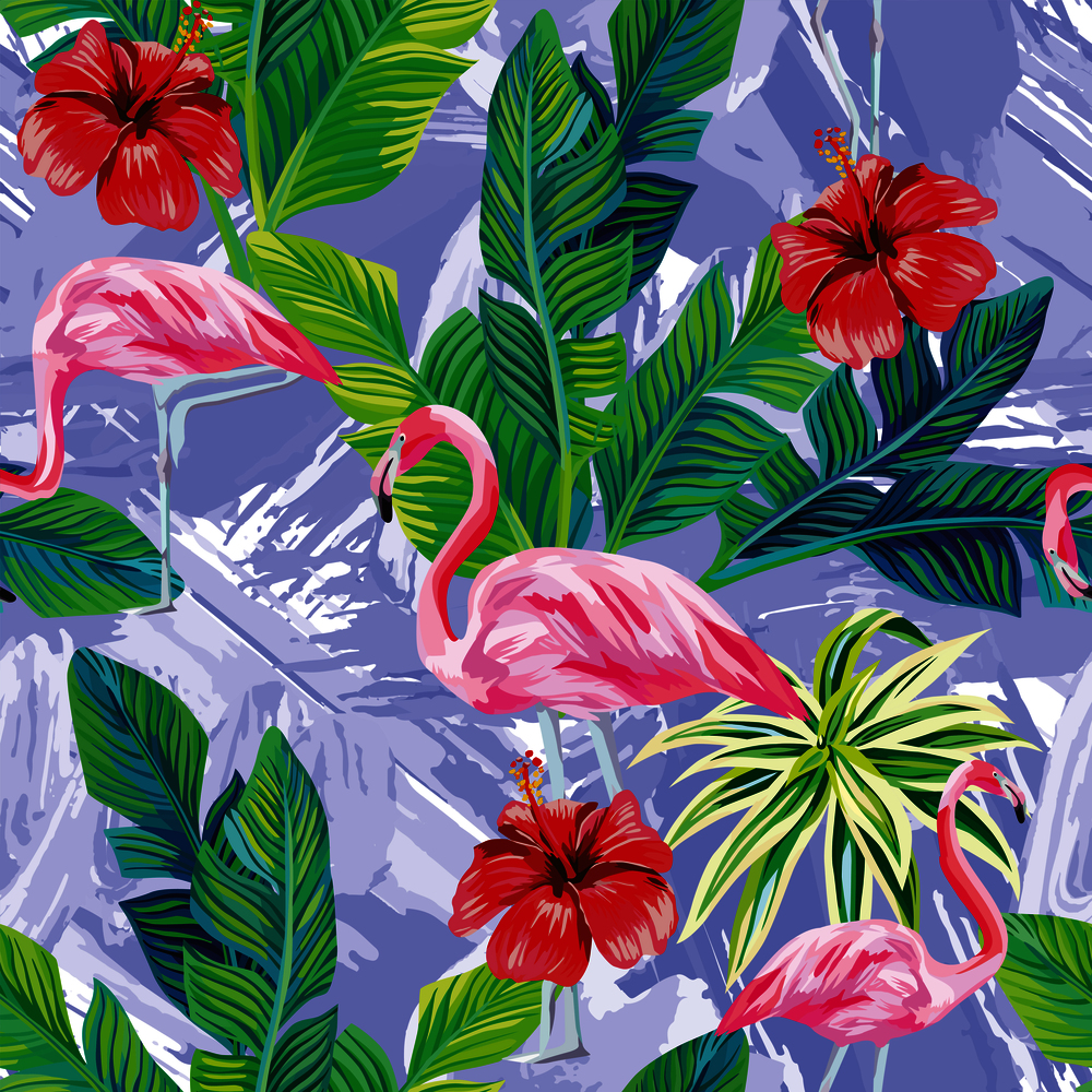 Seamless composition of tropical bird pink flamingo and palm leaves with red hibiscus flowers on background in one blue color painted with a brush