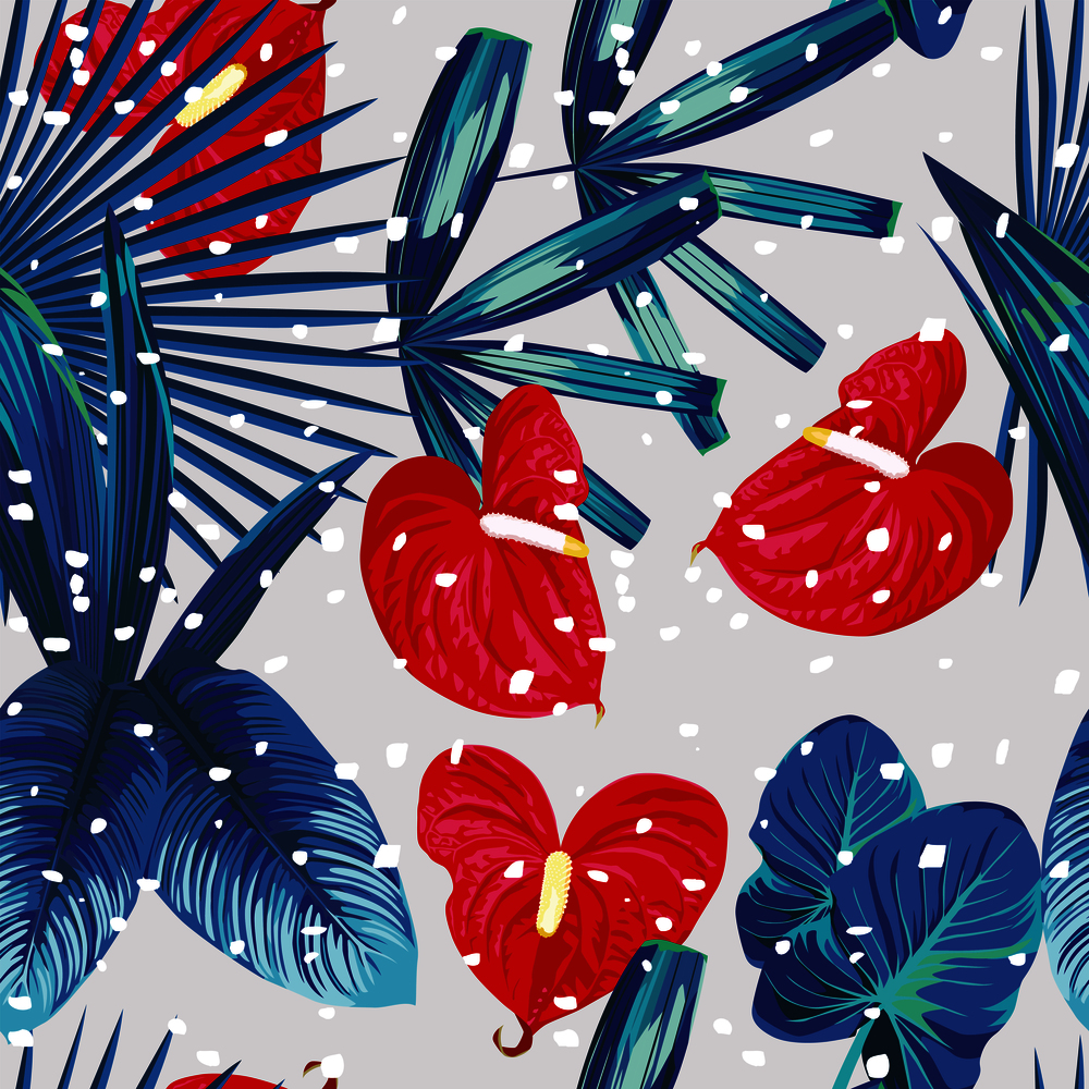 Exotic seamless composition with flower and plants. Xmas pattern tropical snow
