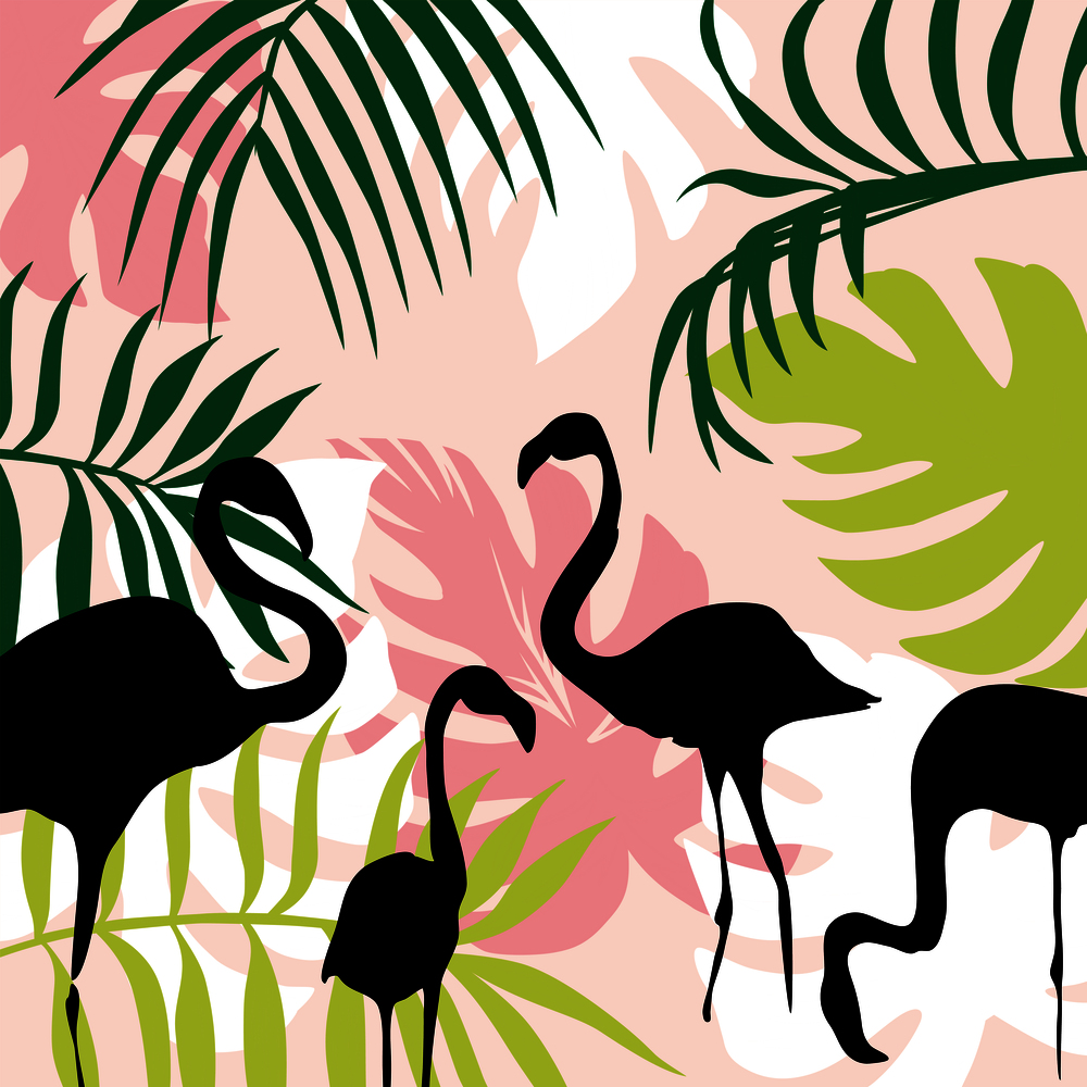 Vector illustration of a contour flamingo, tropical leaves, a color flat wallpaper, a pattern background