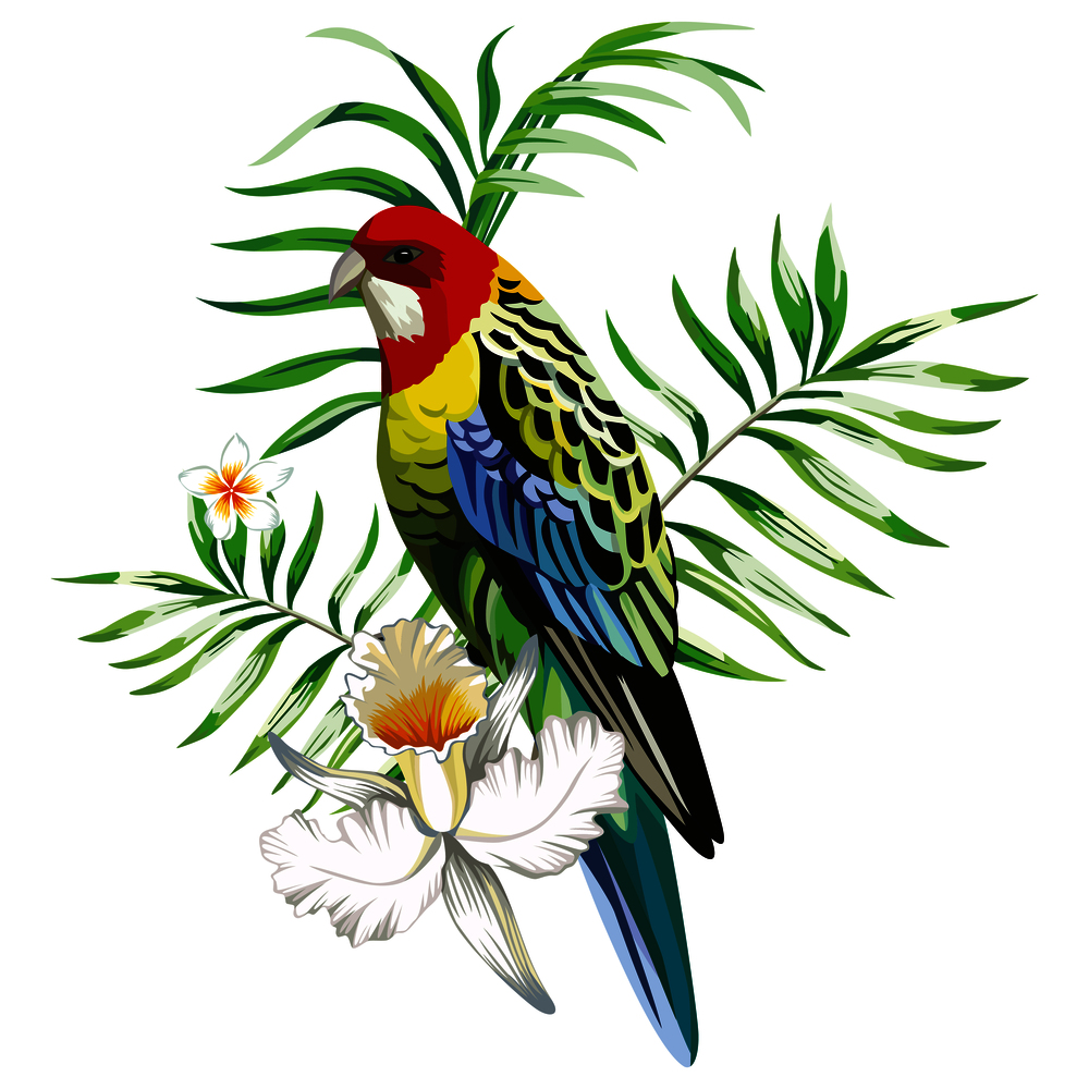 Multicolor single parrot with tropical plants and flowers. Tropical print