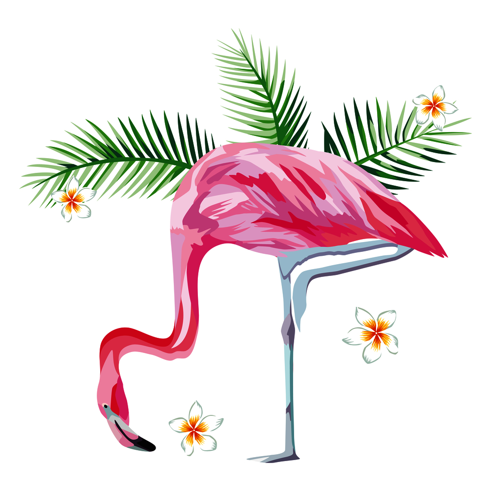 Tropical bird pink flamingo with tropical plants and flowers beach wallpaper