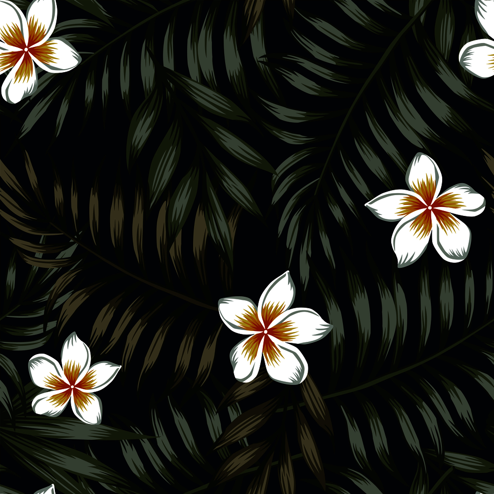 Night jungle background of tropical leaves and flowers seamless pattern. Dark wallpaper vector