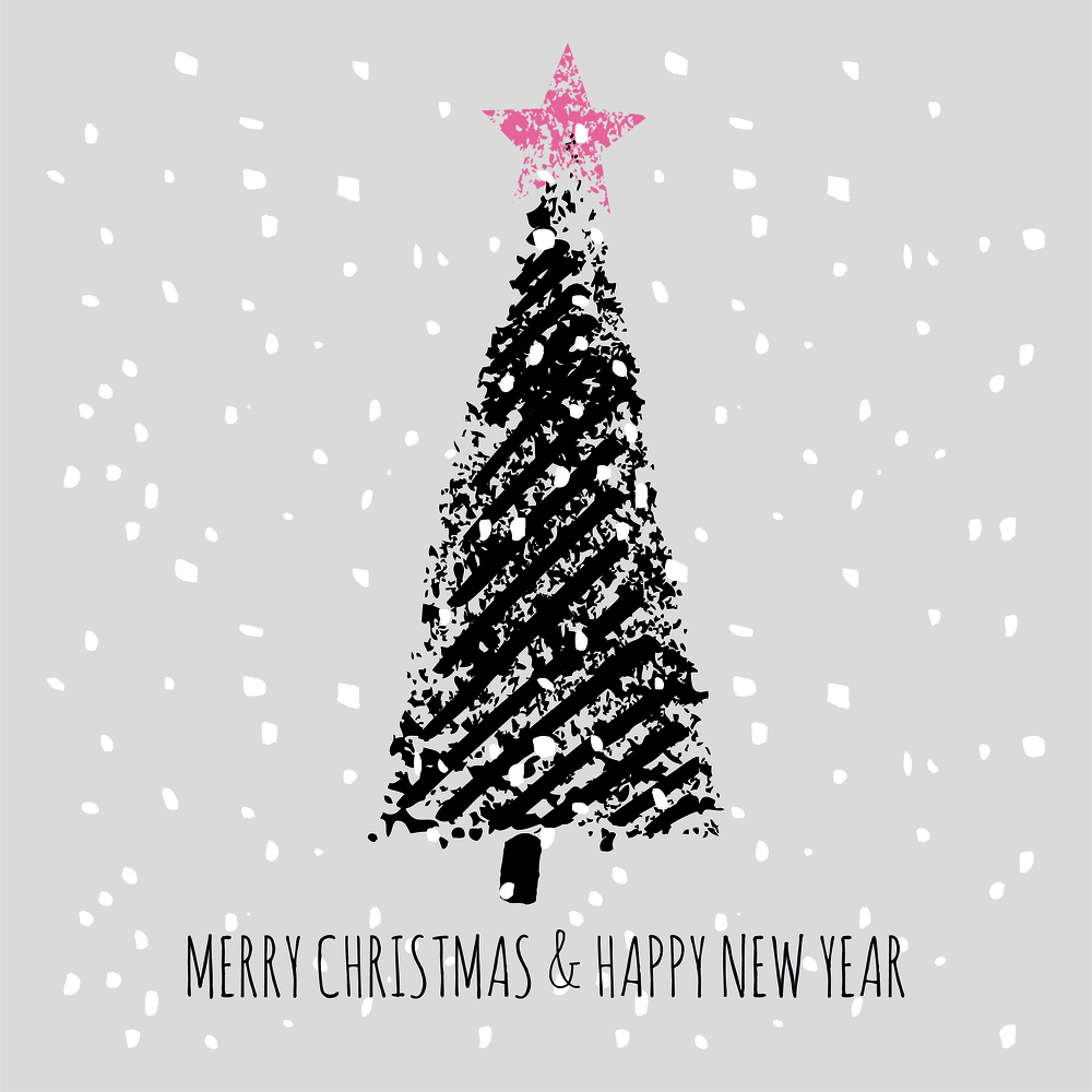 Slogan merry christmas and happy new year Falling snow on the spruce with a star. Xmas wallpaper