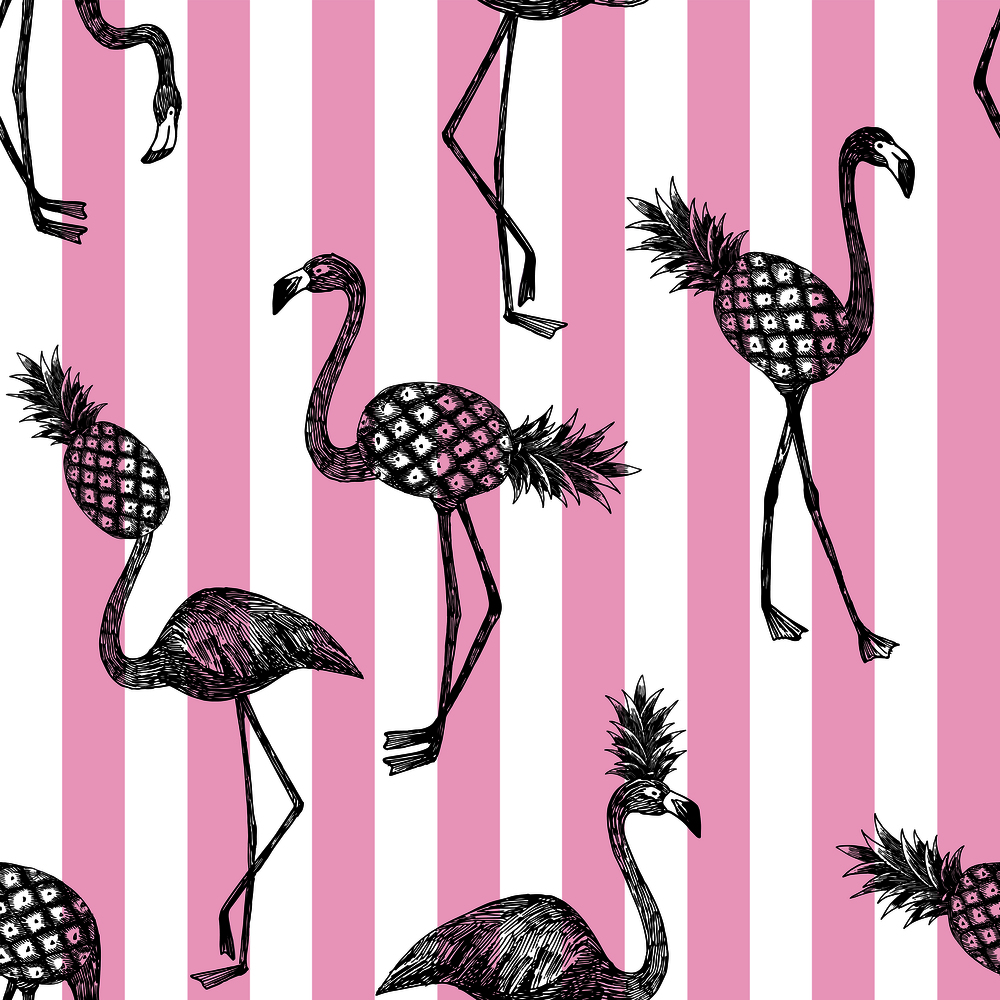 Half flamingo and pineapple stripe pink background. Hand drawn ink vector print